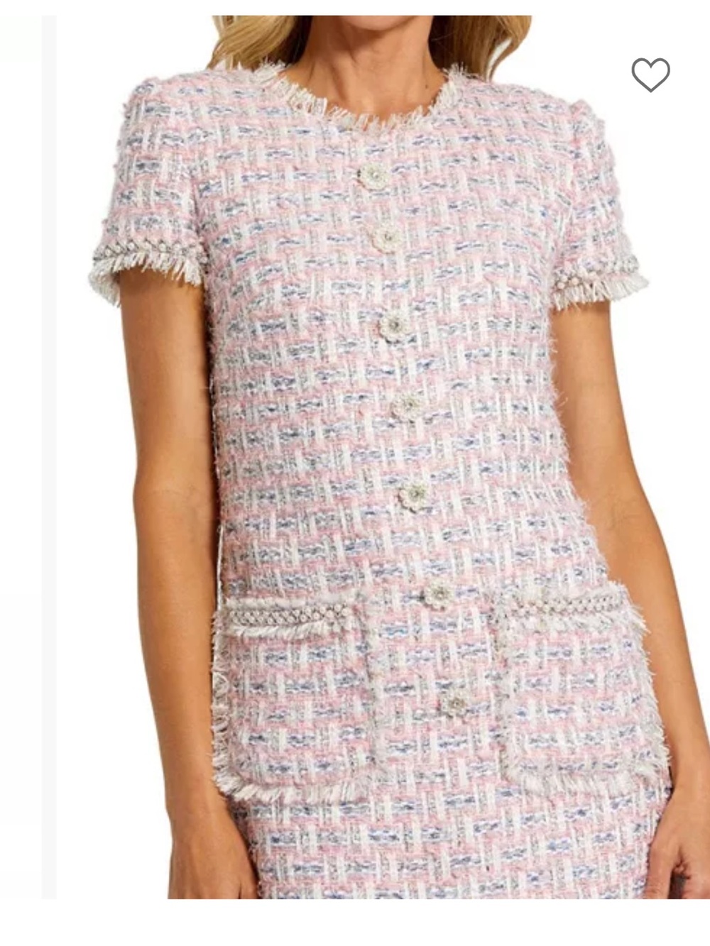 Mac Duggal Pink Bouclé Cap Sleeve Shift with Fringe Trim